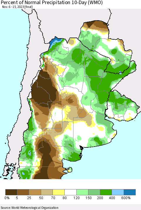 Southern South America Percent of Normal Precipitation 10-Day (WMO) Thematic Map For 11/6/2023 - 11/15/2023