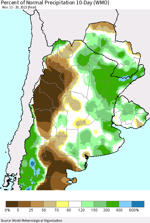 Southern South America Percent of Normal Precipitation 10-Day (WMO) Thematic Map For 11/11/2023 - 11/20/2023