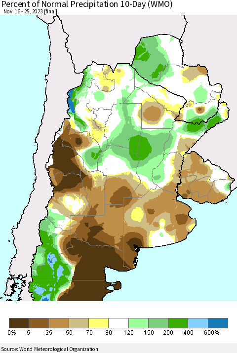 Southern South America Percent of Normal Precipitation 10-Day (WMO) Thematic Map For 11/16/2023 - 11/25/2023