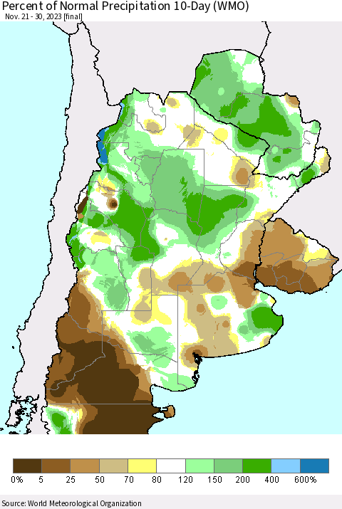 Southern South America Percent of Normal Precipitation 10-Day (WMO) Thematic Map For 11/21/2023 - 11/30/2023