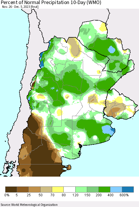 Southern South America Percent of Normal Precipitation 10-Day (WMO) Thematic Map For 11/26/2023 - 12/5/2023