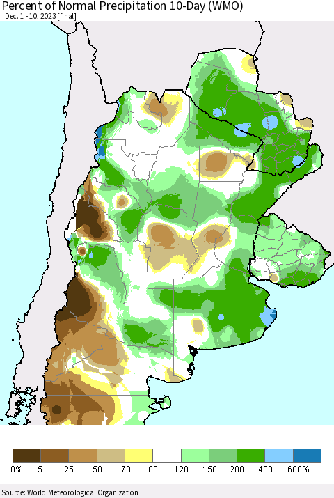 Southern South America Percent of Normal Precipitation 10-Day (WMO) Thematic Map For 12/1/2023 - 12/10/2023