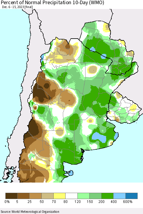 Southern South America Percent of Normal Precipitation 10-Day (WMO) Thematic Map For 12/6/2023 - 12/15/2023