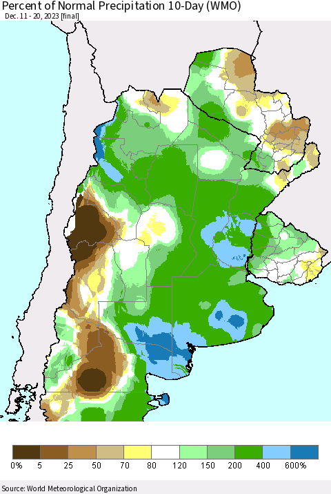 Southern South America Percent of Normal Precipitation 10-Day (WMO) Thematic Map For 12/11/2023 - 12/20/2023