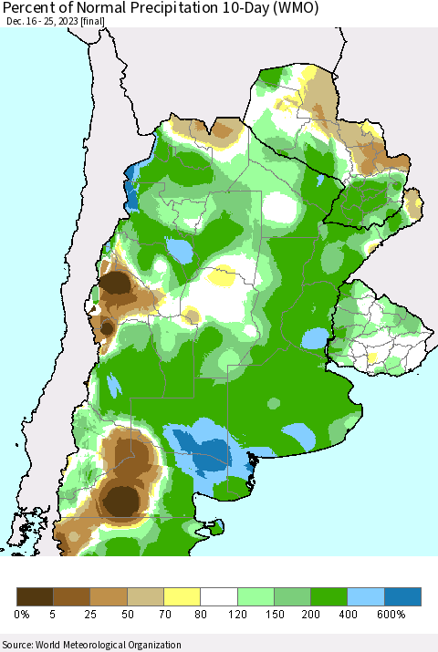 Southern South America Percent of Normal Precipitation 10-Day (WMO) Thematic Map For 12/16/2023 - 12/25/2023