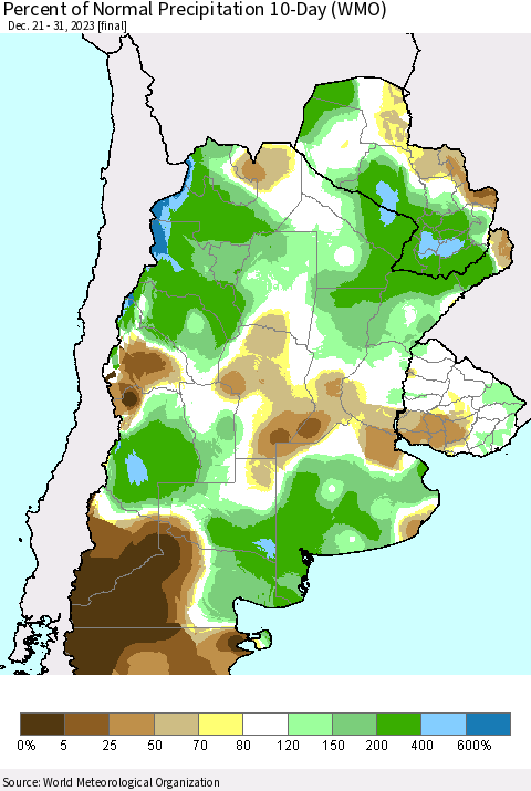 Southern South America Percent of Normal Precipitation 10-Day (WMO) Thematic Map For 12/21/2023 - 12/31/2023