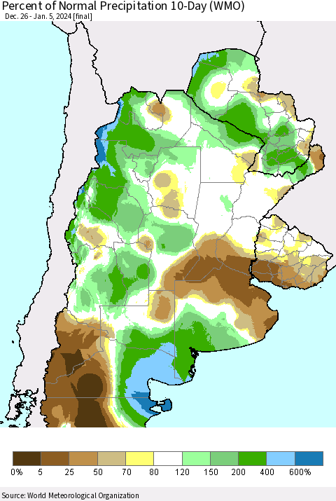 Southern South America Percent of Normal Precipitation 10-Day (WMO) Thematic Map For 12/26/2023 - 1/5/2024