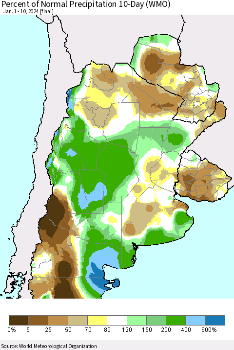 Southern South America Percent of Normal Precipitation 10-Day (WMO) Thematic Map For 1/1/2024 - 1/10/2024