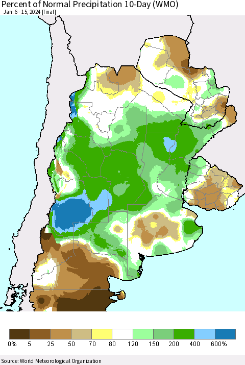 Southern South America Percent of Normal Precipitation 10-Day (WMO) Thematic Map For 1/6/2024 - 1/15/2024