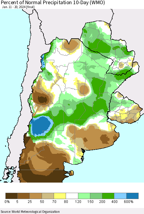 Southern South America Percent of Normal Precipitation 10-Day (WMO) Thematic Map For 1/11/2024 - 1/20/2024