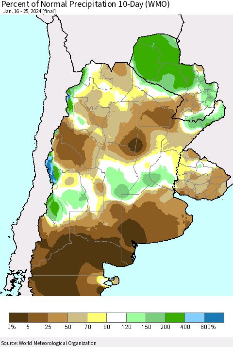 Southern South America Percent of Normal Precipitation 10-Day (WMO) Thematic Map For 1/16/2024 - 1/25/2024