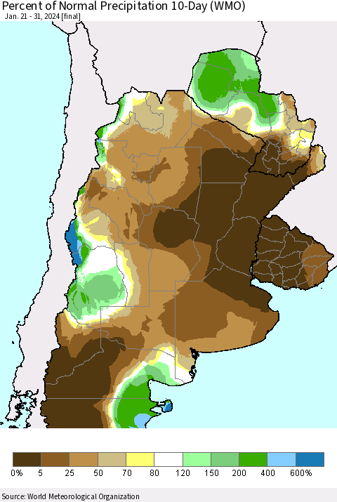 Southern South America Percent of Normal Precipitation 10-Day (WMO) Thematic Map For 1/21/2024 - 1/31/2024