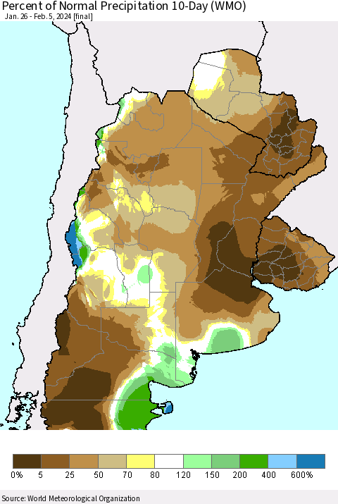 Southern South America Percent of Normal Precipitation 10-Day (WMO) Thematic Map For 1/26/2024 - 2/5/2024