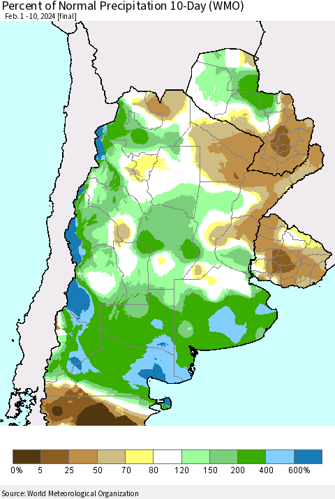Southern South America Percent of Normal Precipitation 10-Day (WMO) Thematic Map For 2/1/2024 - 2/10/2024
