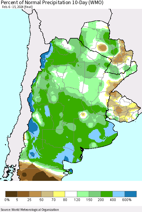 Southern South America Percent of Normal Precipitation 10-Day (WMO) Thematic Map For 2/6/2024 - 2/15/2024