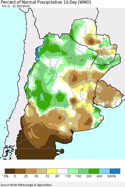 Southern South America Percent of Normal Precipitation 10-Day (WMO) Thematic Map For 2/11/2024 - 2/20/2024