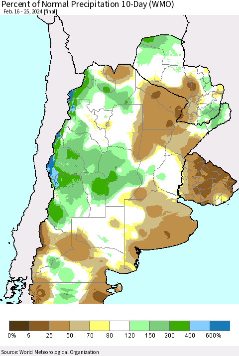 Southern South America Percent of Normal Precipitation 10-Day (WMO) Thematic Map For 2/16/2024 - 2/25/2024
