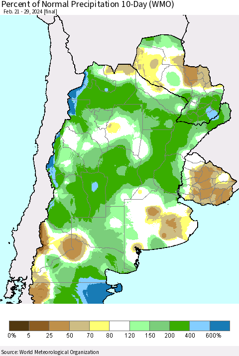 Southern South America Percent of Normal Precipitation 10-Day (WMO) Thematic Map For 2/21/2024 - 2/29/2024