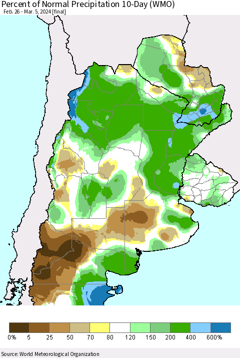 Southern South America Percent of Normal Precipitation 10-Day (WMO) Thematic Map For 2/26/2024 - 3/5/2024