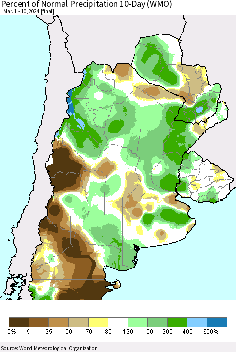 Southern South America Percent of Normal Precipitation 10-Day (WMO) Thematic Map For 3/1/2024 - 3/10/2024