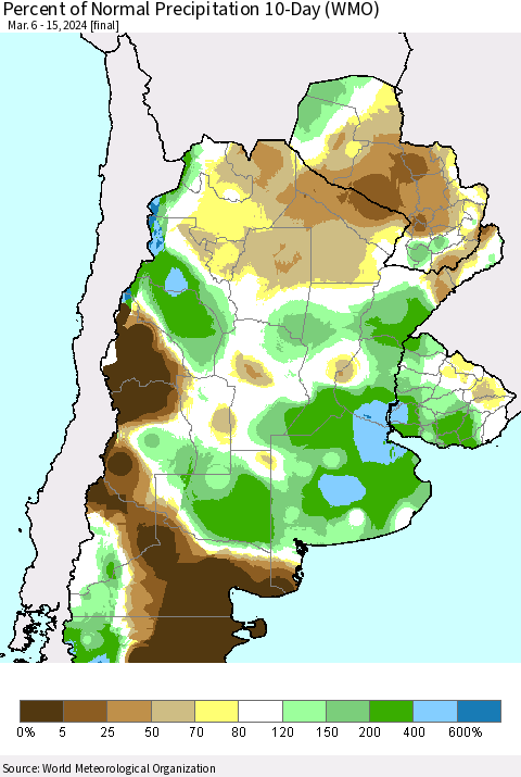 Southern South America Percent of Normal Precipitation 10-Day (WMO) Thematic Map For 3/6/2024 - 3/15/2024