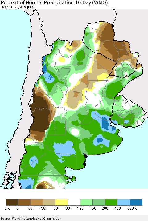 Southern South America Percent of Normal Precipitation 10-Day (WMO) Thematic Map For 3/11/2024 - 3/20/2024
