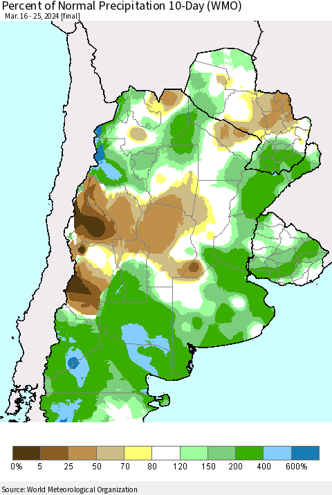 Southern South America Percent of Normal Precipitation 10-Day (WMO) Thematic Map For 3/16/2024 - 3/25/2024
