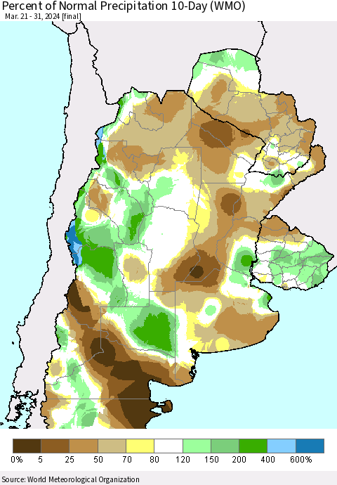 Southern South America Percent of Normal Precipitation 10-Day (WMO) Thematic Map For 3/21/2024 - 3/31/2024