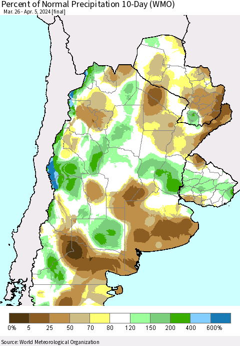 Southern South America Percent of Normal Precipitation 10-Day (WMO) Thematic Map For 3/26/2024 - 4/5/2024