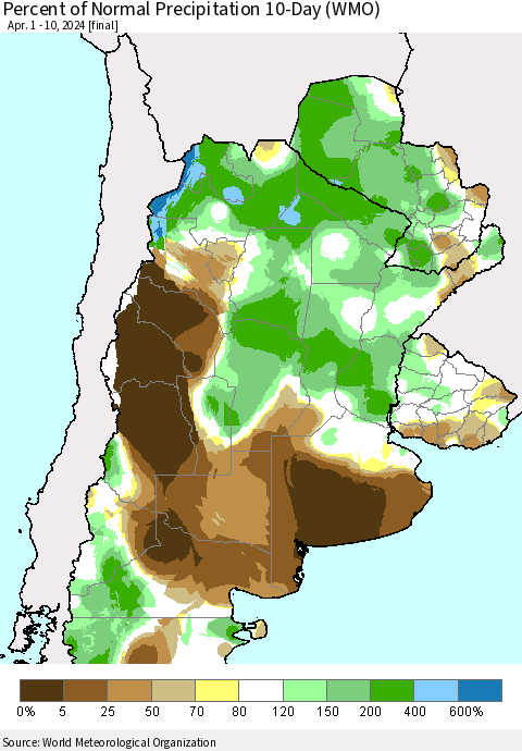 Southern South America Percent of Normal Precipitation 10-Day (WMO) Thematic Map For 4/1/2024 - 4/10/2024