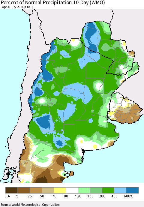 Southern South America Percent of Normal Precipitation 10-Day (WMO) Thematic Map For 4/6/2024 - 4/15/2024