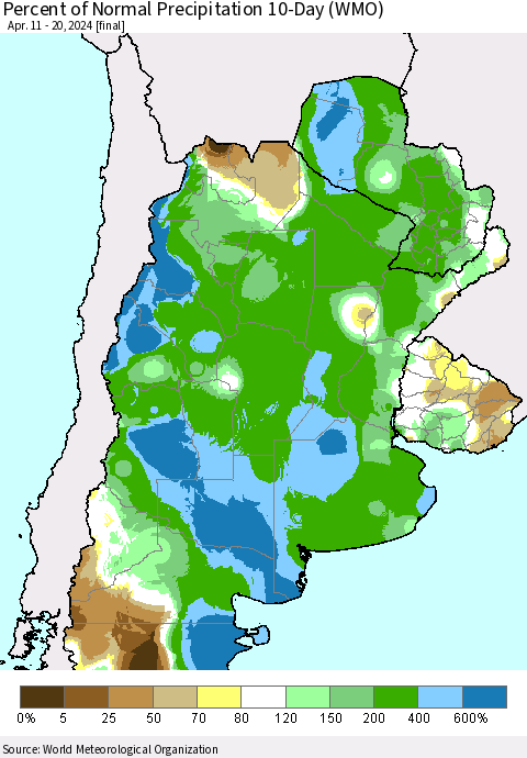 Southern South America Percent of Normal Precipitation 10-Day (WMO) Thematic Map For 4/11/2024 - 4/20/2024