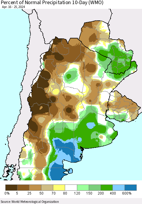Southern South America Percent of Normal Precipitation 10-Day (WMO) Thematic Map For 4/16/2024 - 4/25/2024