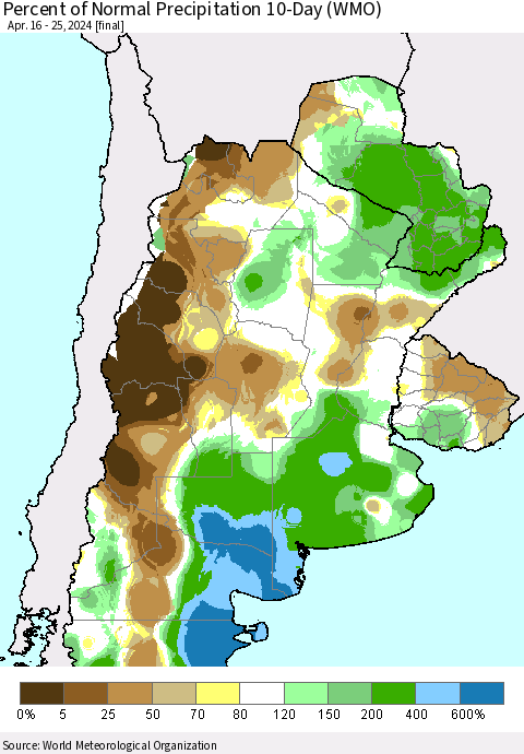 Southern South America Percent of Normal Precipitation 10-Day (WMO) Thematic Map For 4/16/2024 - 4/25/2024