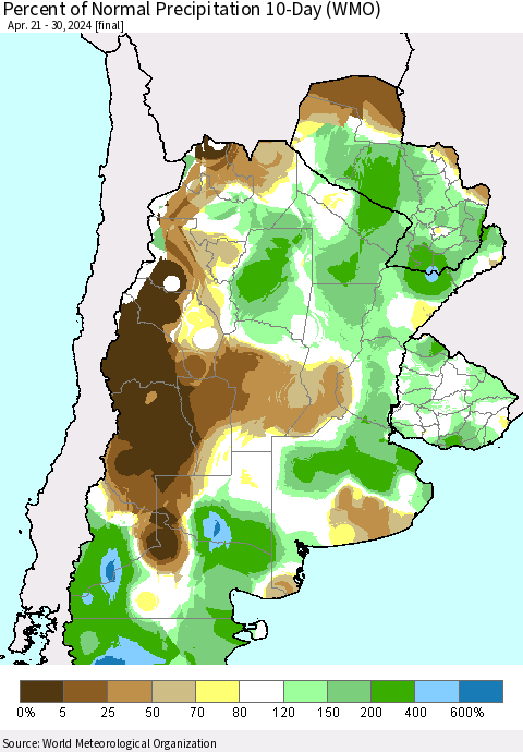 Southern South America Percent of Normal Precipitation 10-Day (WMO) Thematic Map For 4/21/2024 - 4/30/2024