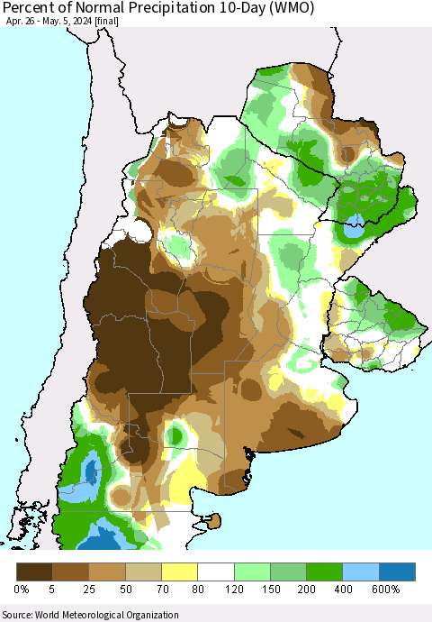 Southern South America Percent of Normal Precipitation 10-Day (WMO) Thematic Map For 4/26/2024 - 5/5/2024