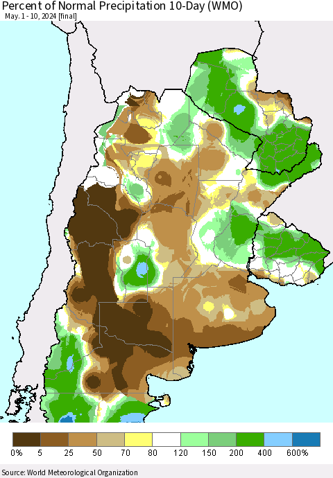 Southern South America Percent of Normal Precipitation 10-Day (WMO) Thematic Map For 5/1/2024 - 5/10/2024