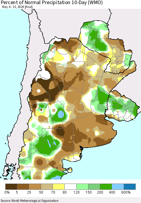 Southern South America Percent of Normal Precipitation 10-Day (WMO) Thematic Map For 5/6/2024 - 5/15/2024