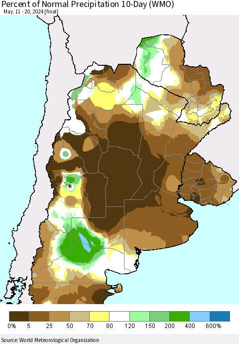 Southern South America Percent of Normal Precipitation 10-Day (WMO) Thematic Map For 5/11/2024 - 5/20/2024
