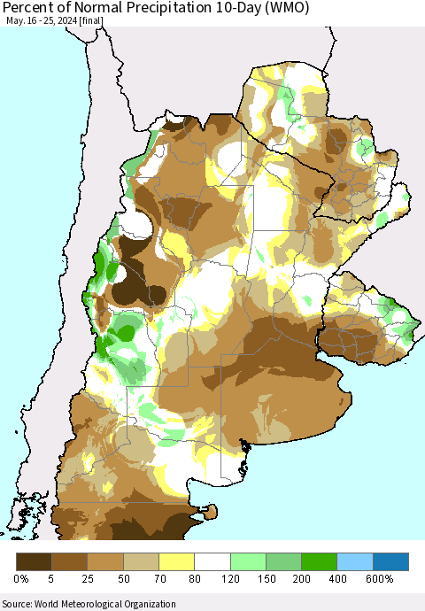 Southern South America Percent of Normal Precipitation 10-Day (WMO) Thematic Map For 5/16/2024 - 5/25/2024