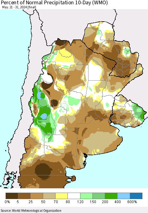 Southern South America Percent of Normal Precipitation 10-Day (WMO) Thematic Map For 5/21/2024 - 5/31/2024