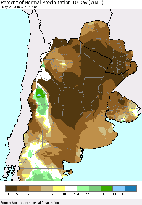 Southern South America Percent of Normal Precipitation 10-Day (WMO) Thematic Map For 5/26/2024 - 6/5/2024