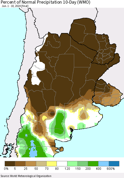 Southern South America Percent of Normal Precipitation 10-Day (WMO) Thematic Map For 6/1/2024 - 6/10/2024