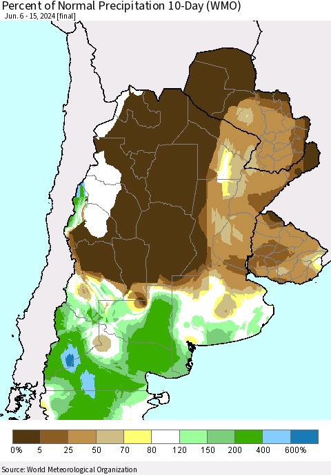 Southern South America Percent of Normal Precipitation 10-Day (WMO) Thematic Map For 6/6/2024 - 6/15/2024
