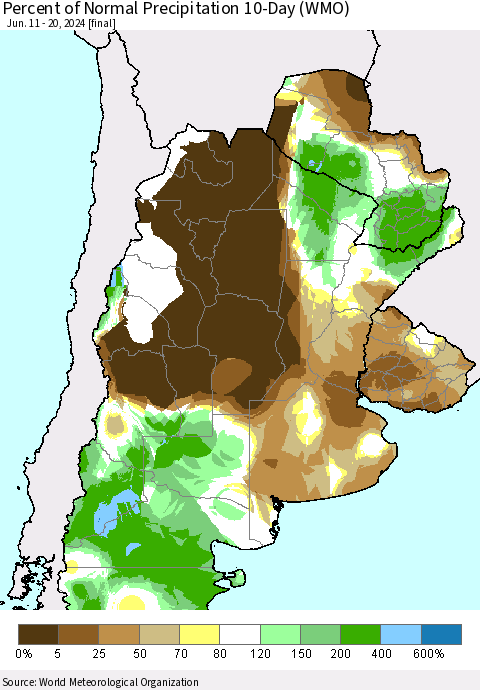 Southern South America Percent of Normal Precipitation 10-Day (WMO) Thematic Map For 6/11/2024 - 6/20/2024