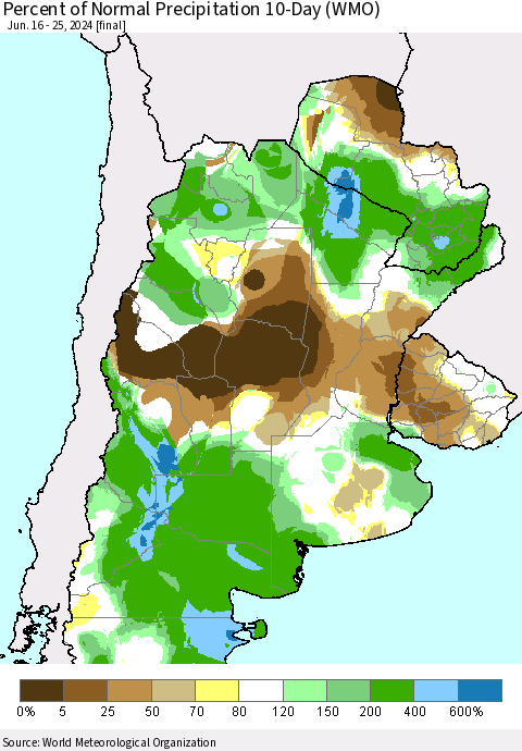 Southern South America Percent of Normal Precipitation 10-Day (WMO) Thematic Map For 6/16/2024 - 6/25/2024