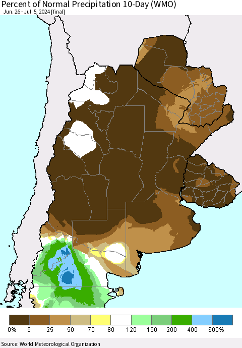 Southern South America Percent of Normal Precipitation 10-Day (WMO) Thematic Map For 6/26/2024 - 7/5/2024