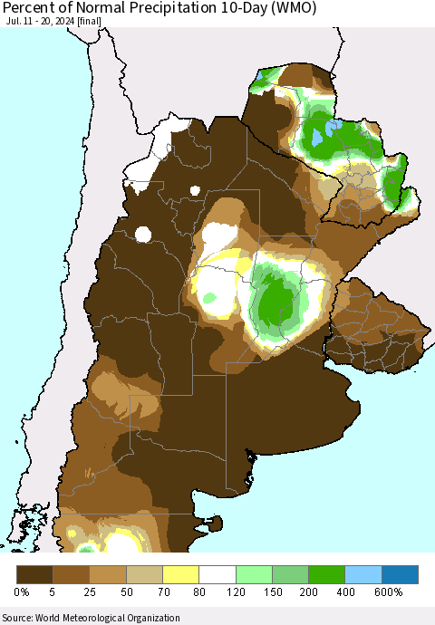 Southern South America Percent of Normal Precipitation 10-Day (WMO) Thematic Map For 7/11/2024 - 7/20/2024
