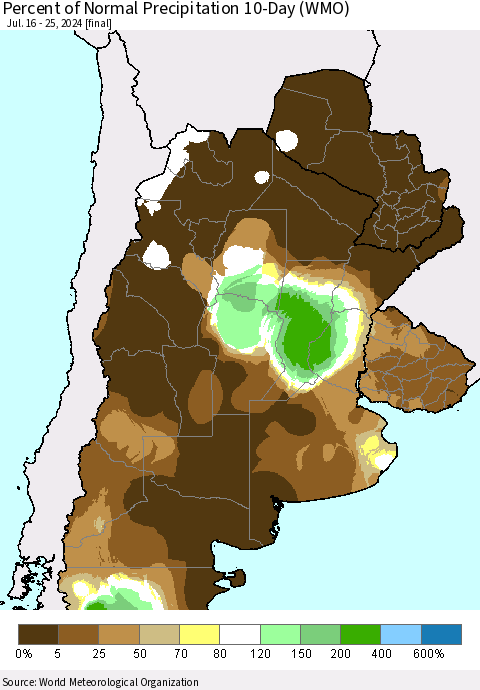 Southern South America Percent of Normal Precipitation 10-Day (WMO) Thematic Map For 7/16/2024 - 7/25/2024