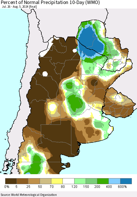 Southern South America Percent of Normal Precipitation 10-Day (WMO) Thematic Map For 7/26/2024 - 8/5/2024